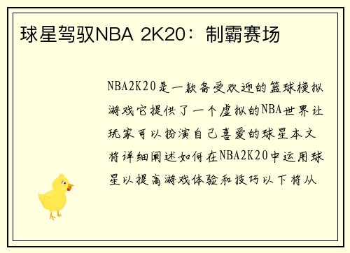 球星驾驭NBA 2K20：制霸赛场