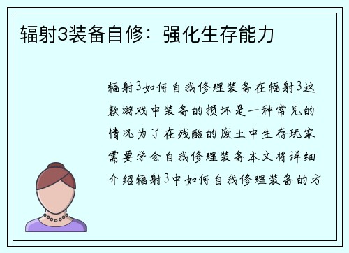 辐射3装备自修：强化生存能力