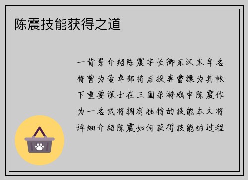 陈震技能获得之道